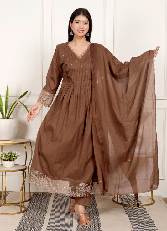 Chocolate Brown Cotton 3-Piece Set with Organza Embroidered Neckline