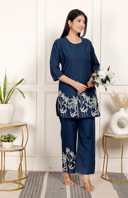 Dark Blue Beach Embroidered Cord Set