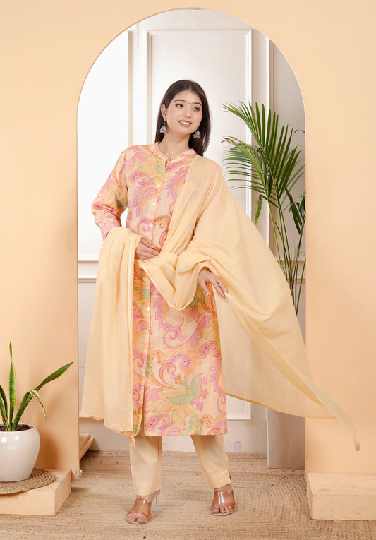 Butterscotch Yellow Geometric Print Cotton Kurta Set – 3 Pc Set