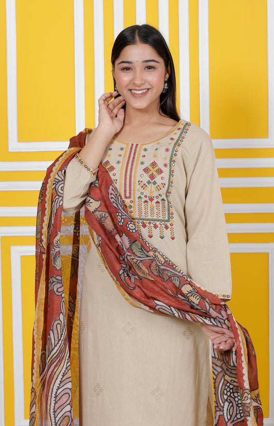Beige Kutchi Embroidery Suit Set with Madhubani Dupatta