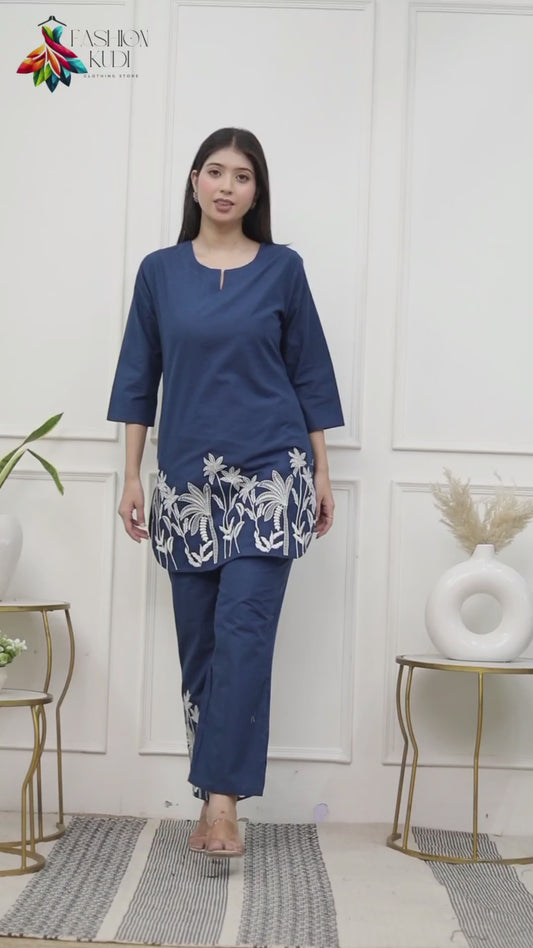Dark Blue Beach Embroidered Cord Set