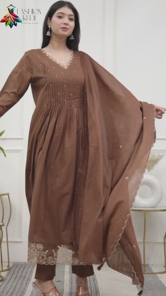 Chocolate Brown Cotton 3-Piece Set with Organza Embroidered Neckline